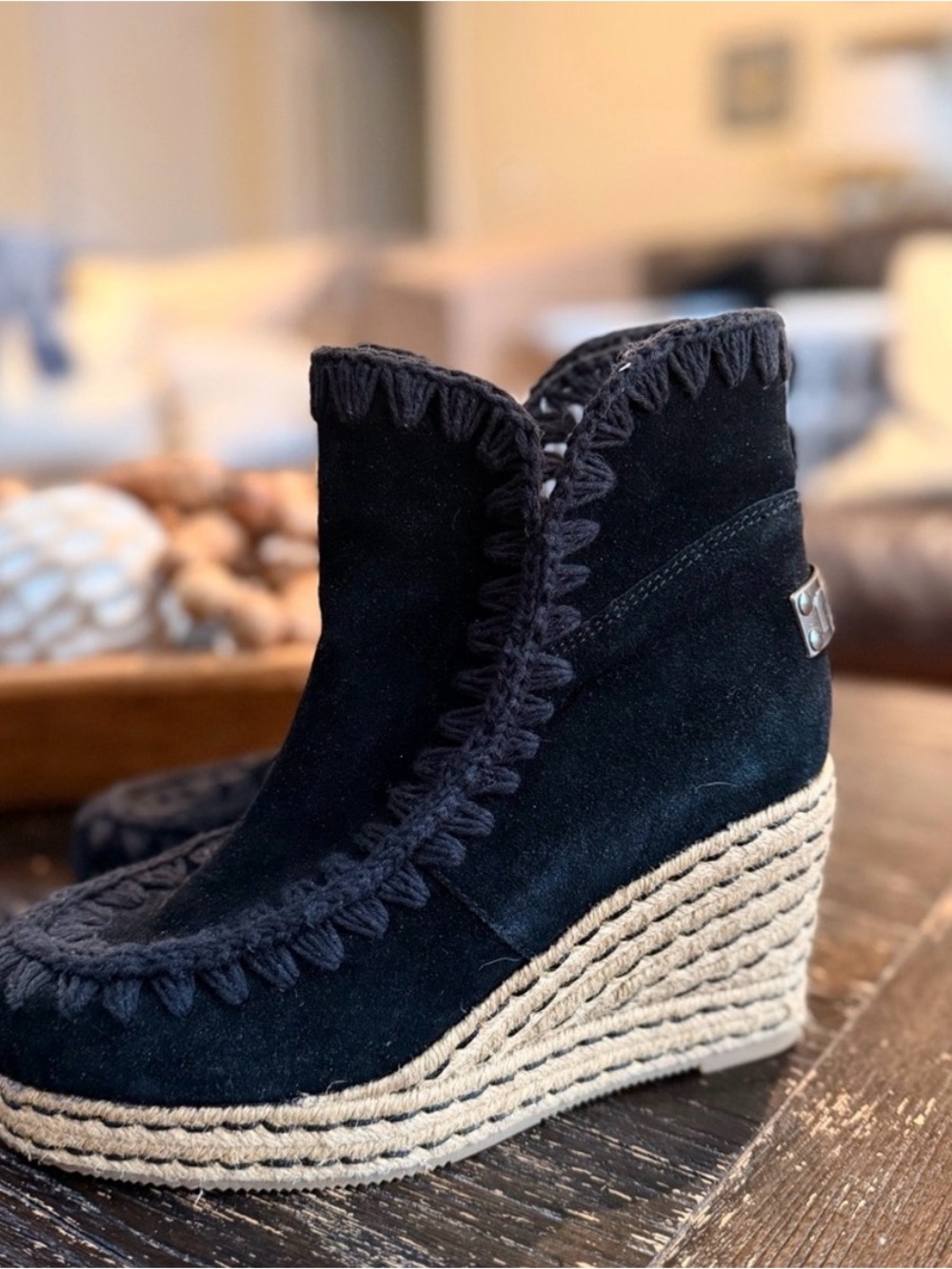 Mou Black Suede Wedge Bootie with Espadrille Rope Sole
